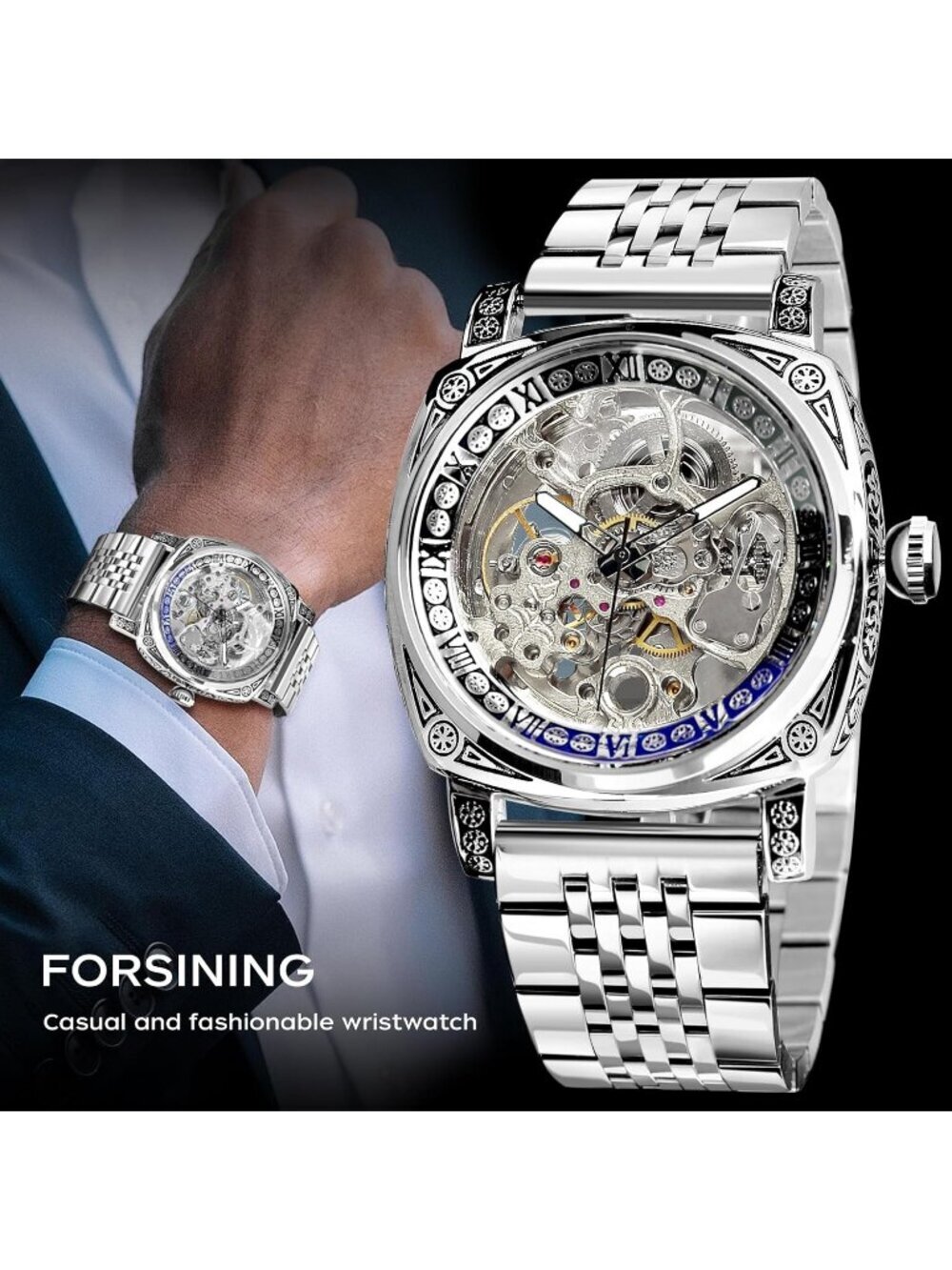 Men's Silver Square Mechanical Stainless Steel Self-Wind Carved Automatic Watch - Picture 2 of 7